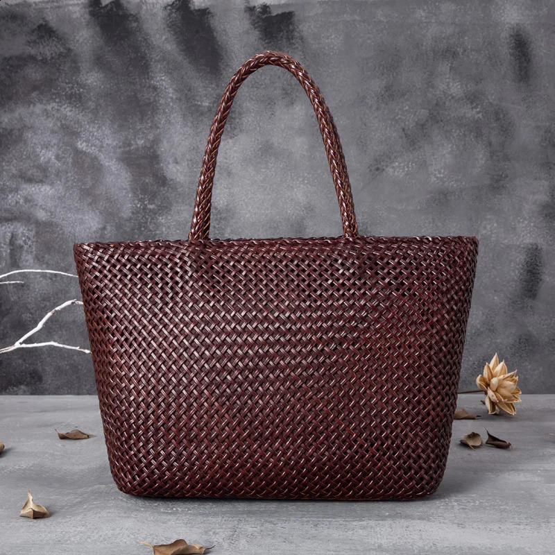 100% genuine leather womens shoulder bag summer casual interior fabric shopping vintage handbag 240913