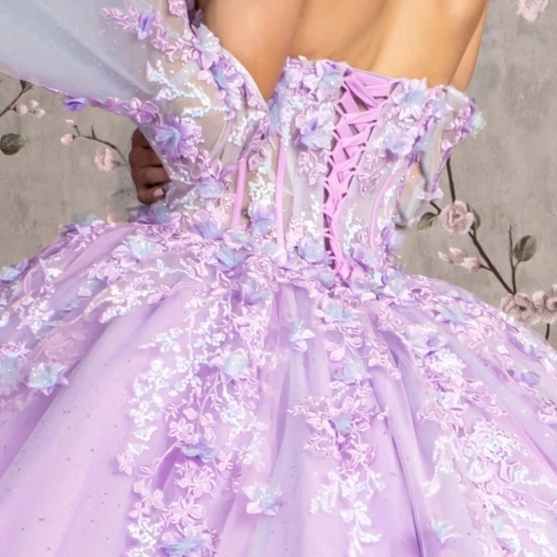 Lilac Princess Quinceanera Dresses 3D Floral Ball Gown Off The Shoulder Sequin Applique Lace Tull Corset 15 Vestidos De XV Anos