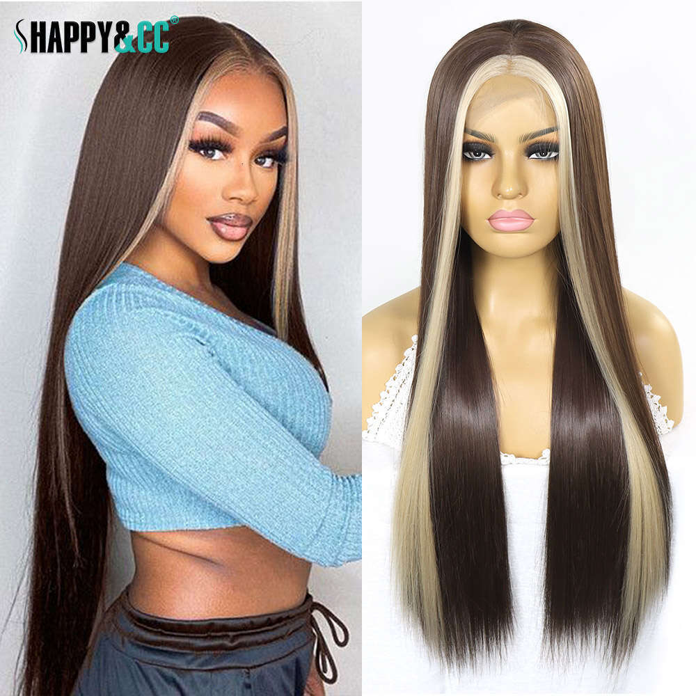 Blonde Highlight Lace Front Strea Brown Straight Synthetic For Black Women Pre Plucked Heat Resistant Colored Wig
