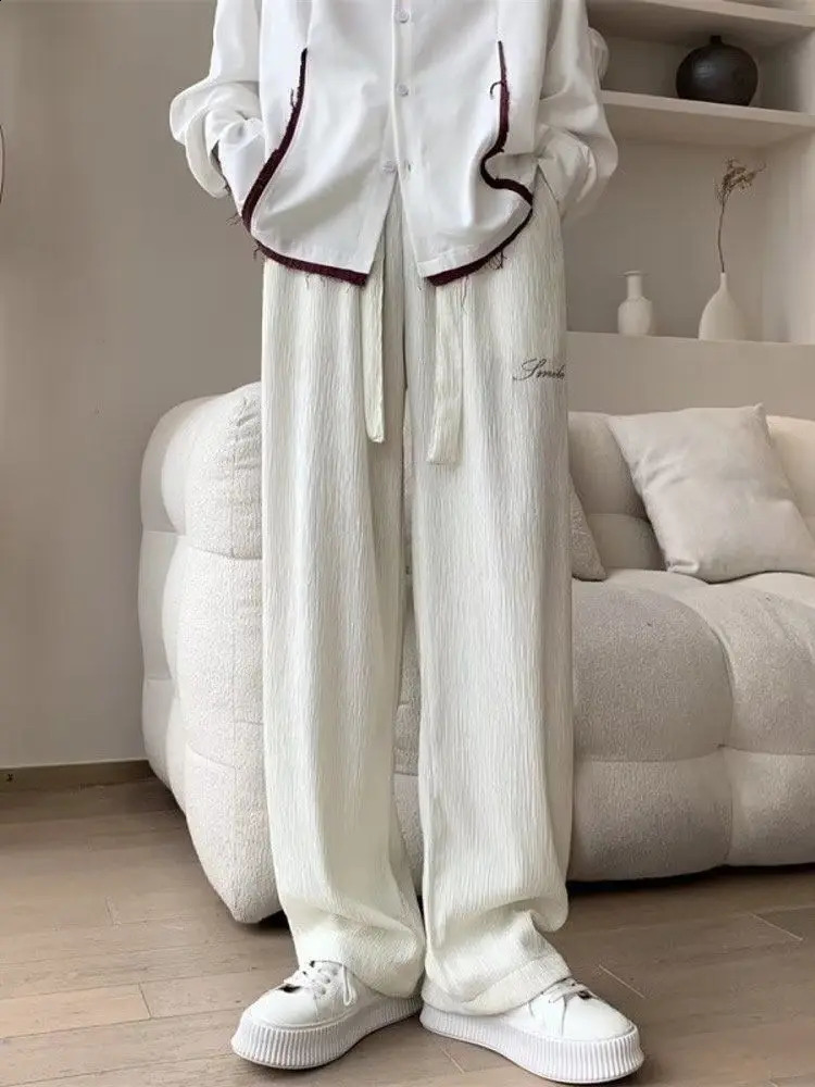 Casual Ice Silk Pants Men Wide Leg Lightweight Baggy Sweatpants White Straight Linen Trousers Male Summer Elastic Hiking 240905