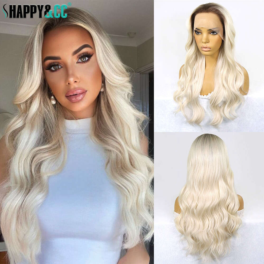 Ash Synthetic Lace Front Wigs For Women 613 Wavy Dark Roots Ombre Platinum Blonde Colored Pre Plucked Cosplay Wig