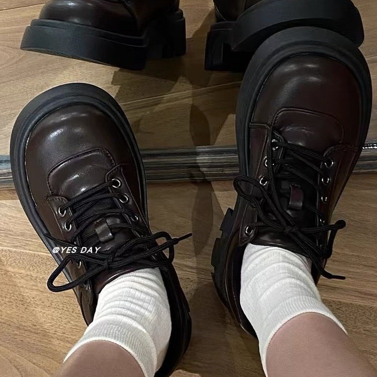 Women's Retro Thick Sole Leather Lace-Up Casual Round Toe Shoes - Spring 2024 5bd0