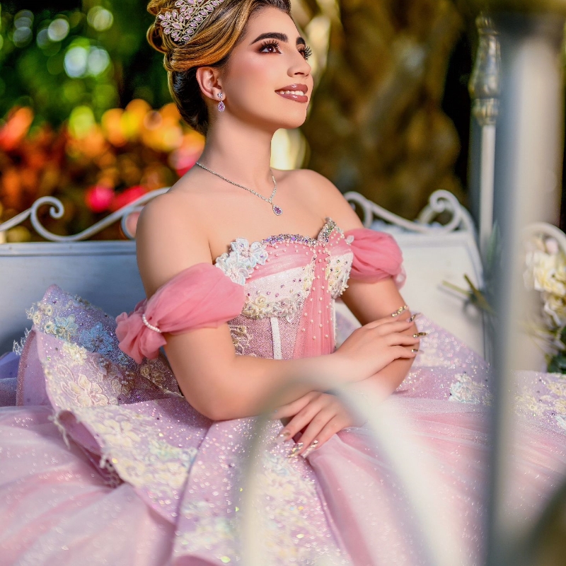 Mexican Pink Shiny Quinceanera Dresses Ball Gown Off The Shoulder Applique Lace Pearls Tull Tiered Corset Sweet 16 Dress Vestidos De