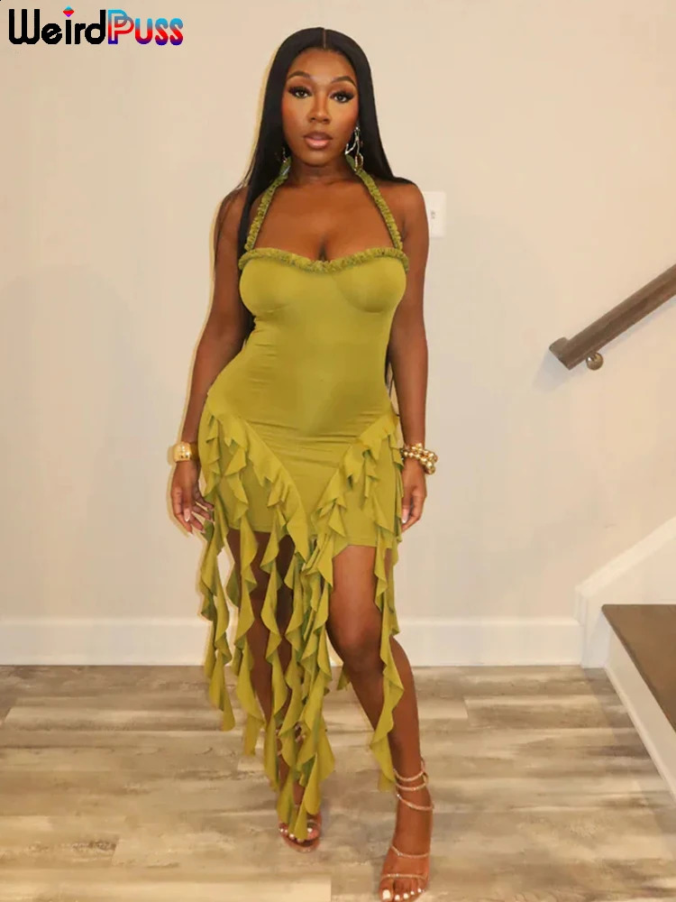 Strange cat fashion irregular tassel hem dress womens backless party summer sexy birthday split midnight club body 240913