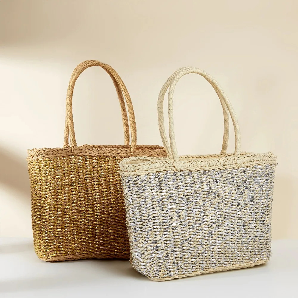 Vine woven paper grass handbag French retro square rope bag picnic blue large capacity casual diagonal 240913