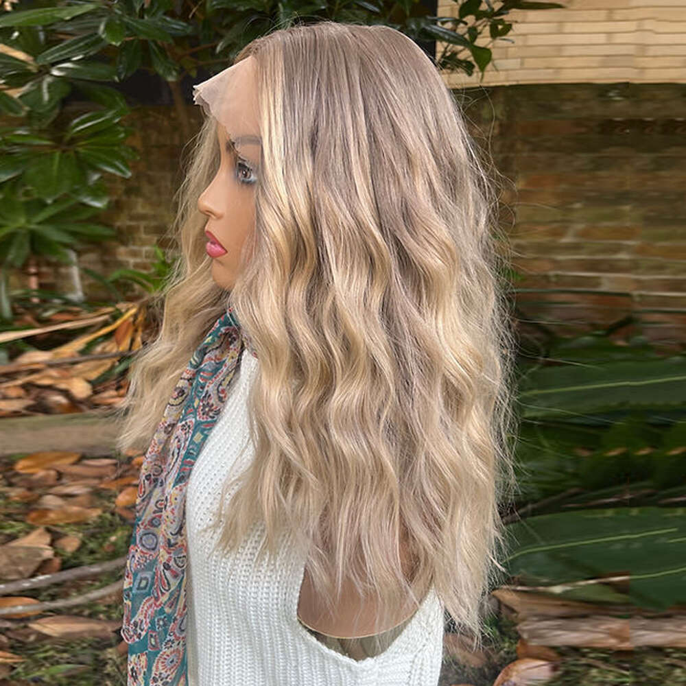 Belge Blonde Highlights Balayage Synthetic Wigs Warm Brown Roots Gorgeous Beach Waves Beautiful Heat Friendly Fibres HD Lace