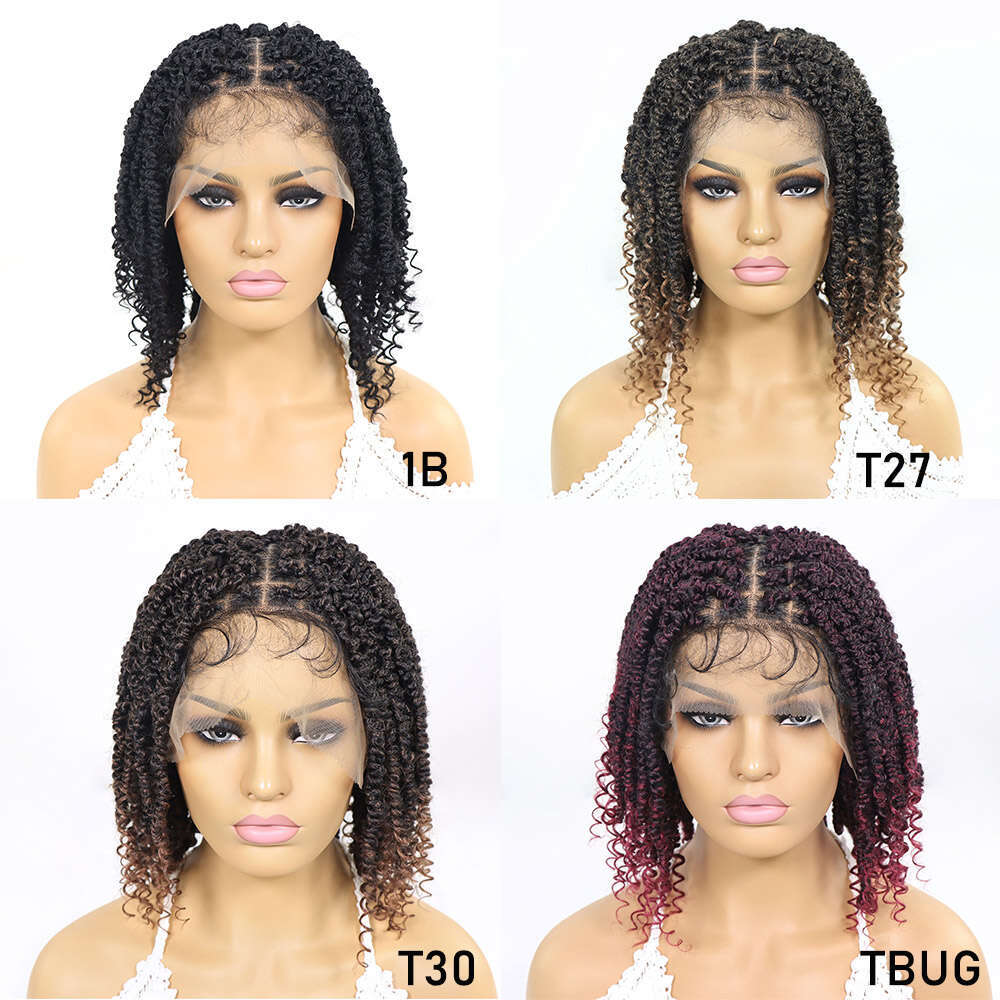 12Inch Short Passion Braided Wigs Square Part Knotless Braid Curly Ends Pre Twist Hair Synthetic Bob Wig For Women