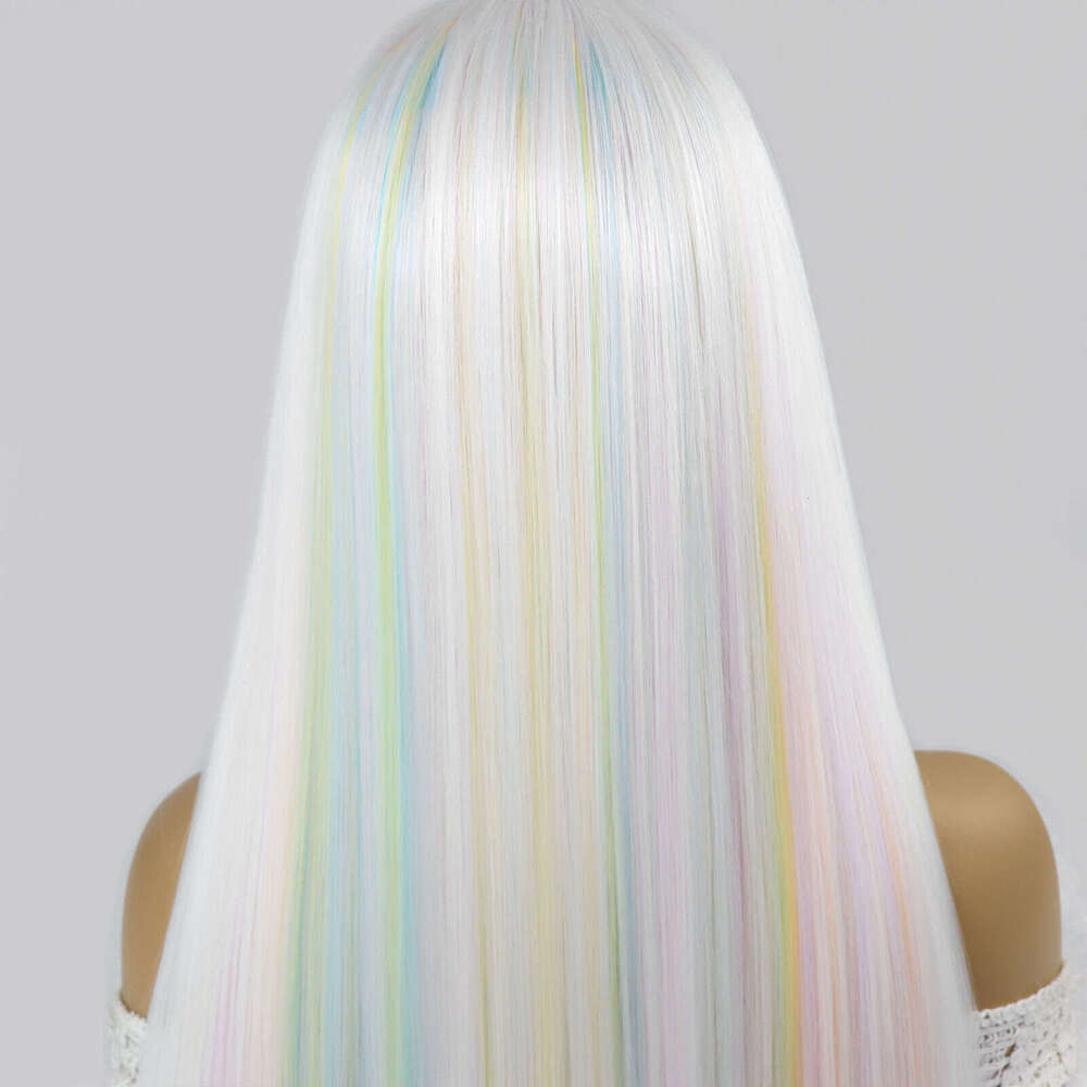 Highlight White Lace Front Wigs Straight Mixed Colored Synthetic Hair For Women Cosplay Rainbow Glueless Wig