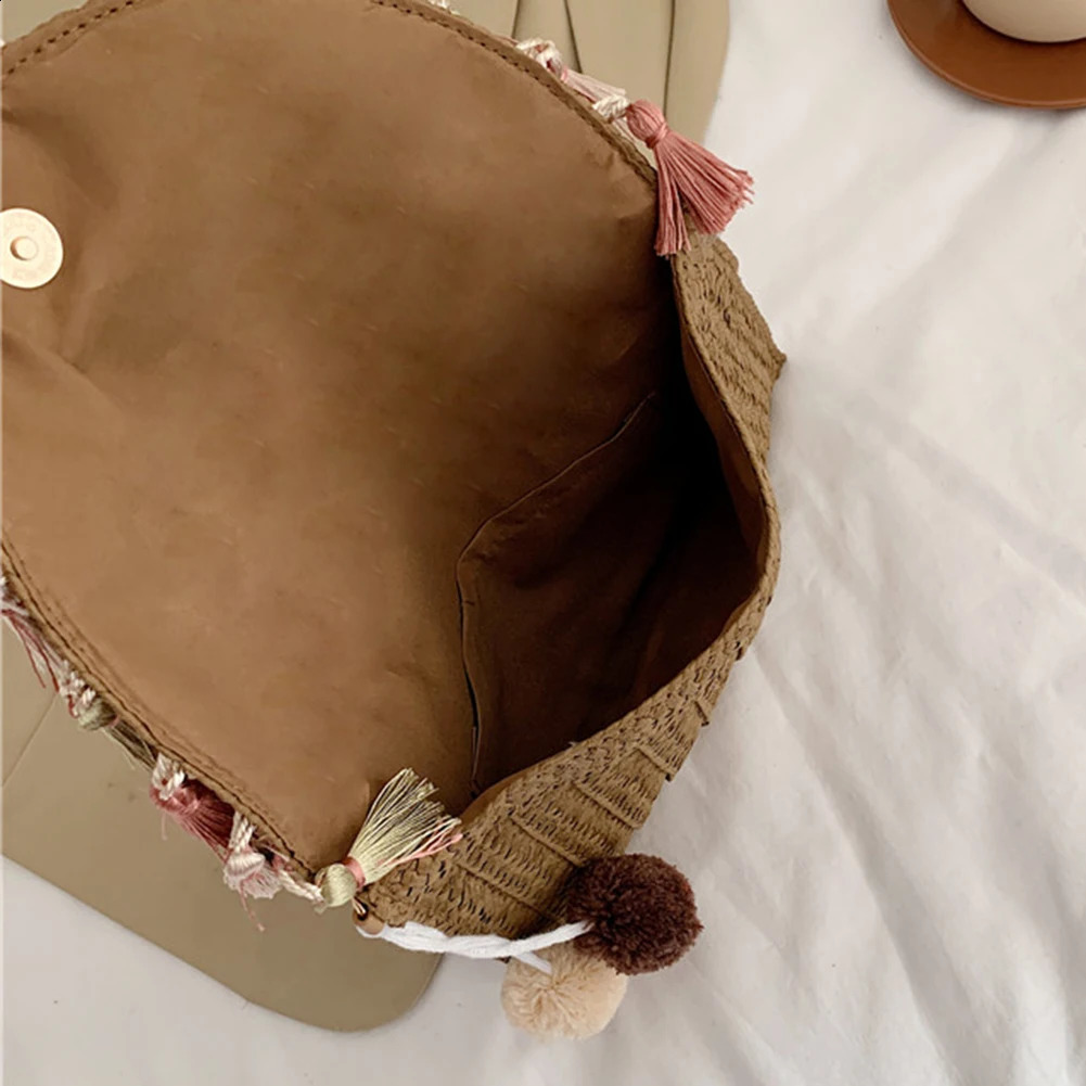 Retro square straw bag willow envelope tassel wrist handbag womens summer clutch beach shoulder 240913