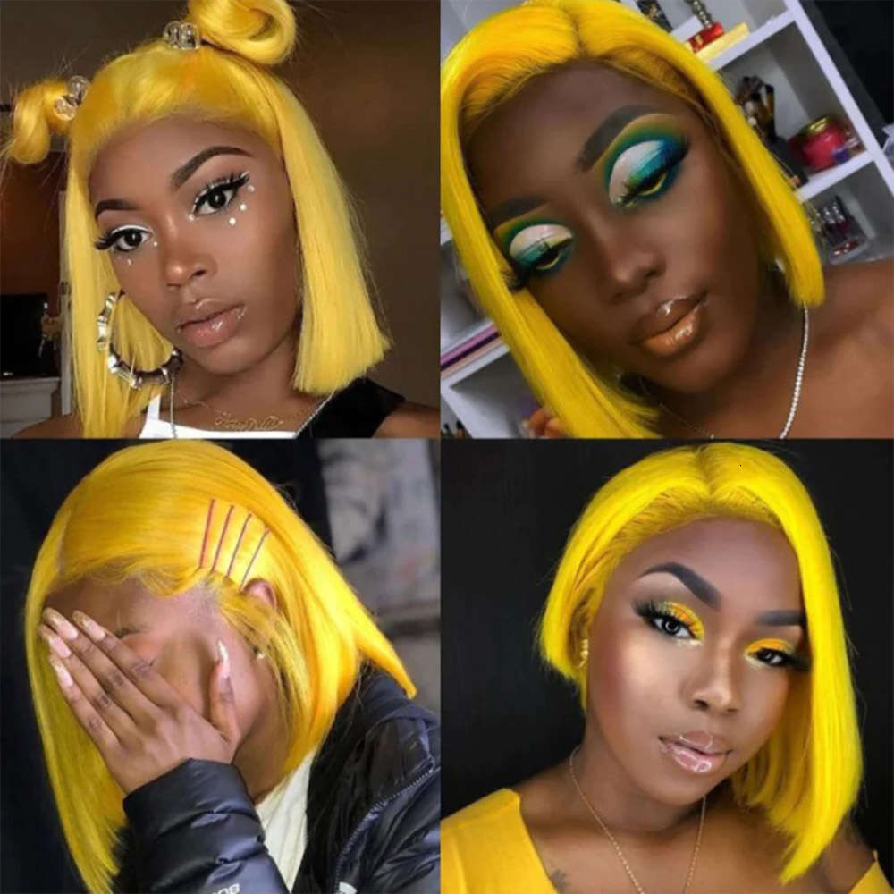 Yellow Lace Front Colored Short Straight Synthetic Wig For Women Cosplay Party Glueless Bob Heat Resistant Hair Wigs