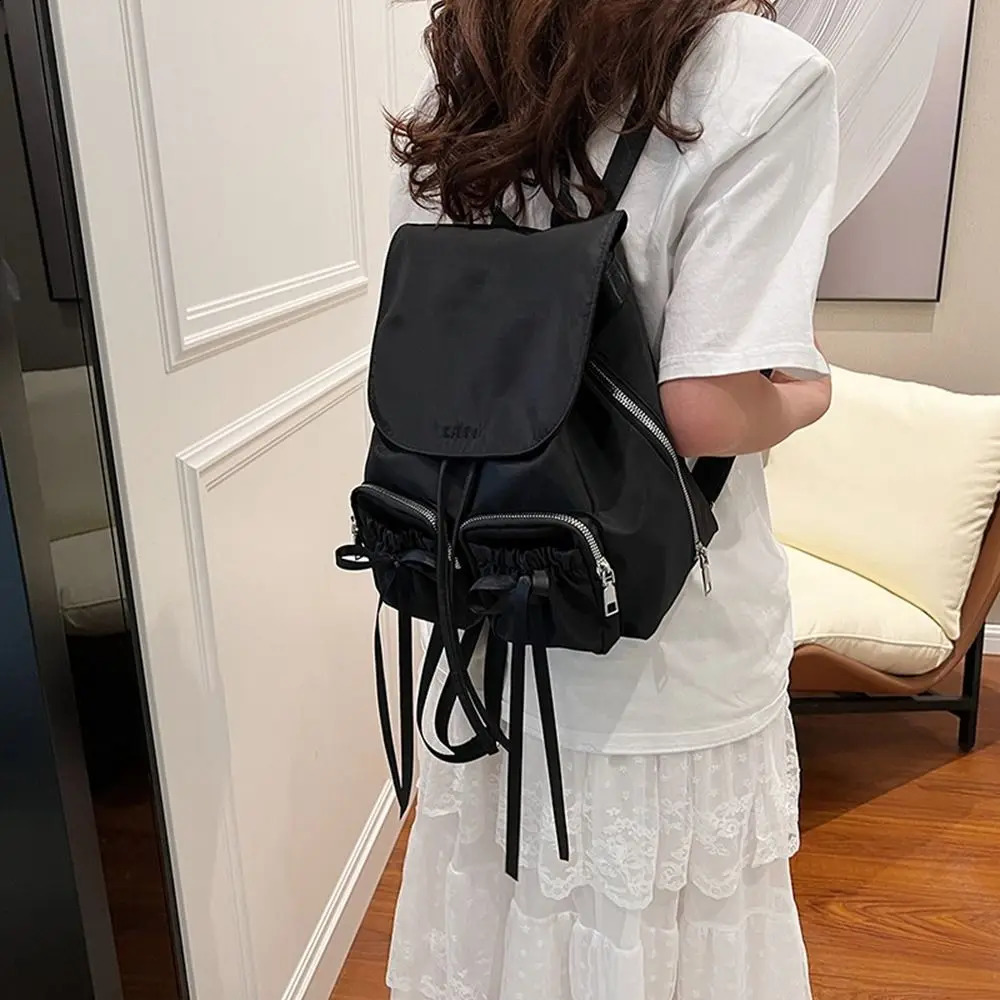 Cute Korean drawstring backpack ballet style bow nylon bucket bag large capacity butterfly shoulder bag 240912