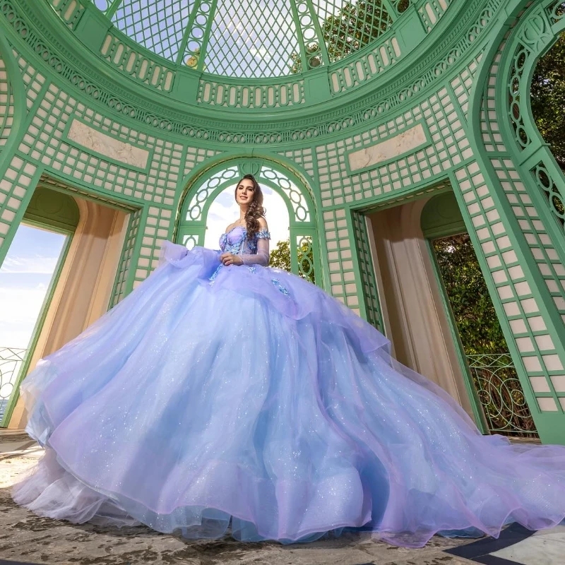 Lilac Sky Blue Princess Ball Gown Quinceanera Dresses Off The Shoulder Applique Lace Beads Tull Corset Sweet 16 Dress Vestido De 15 Anos