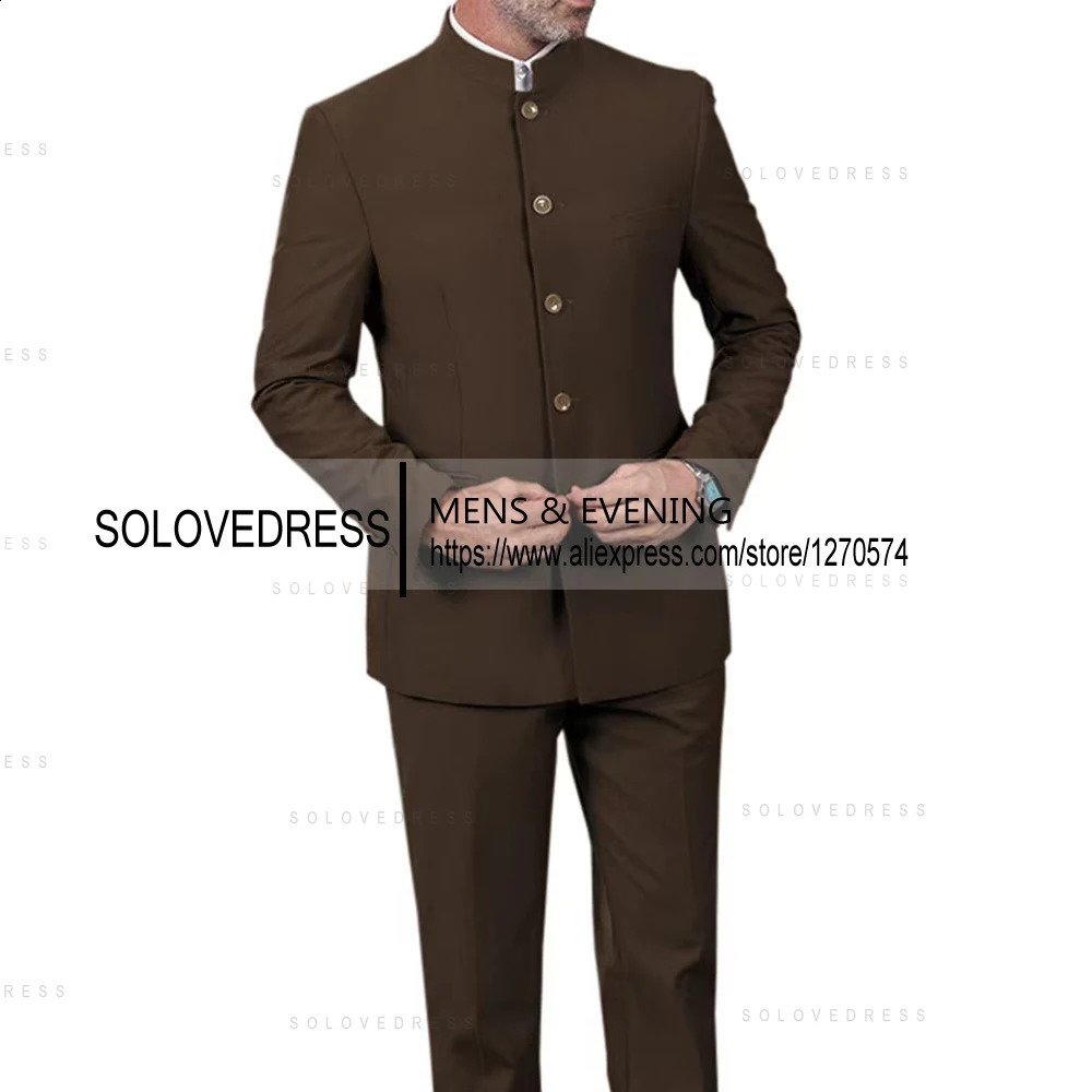 Classic 2 Piece Mens Slim Fit Solid Color Stand Collar Wedding Suit BlazerPants 240914