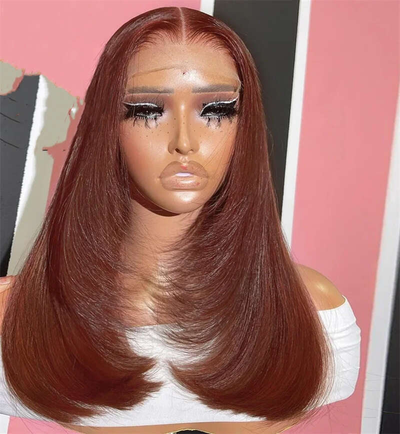 Synthetic 13X4 Glueless Heat Resistant Reddish Brown Layered Cut Wig Copper Red Straight Lace Front Wigs For Women Daily