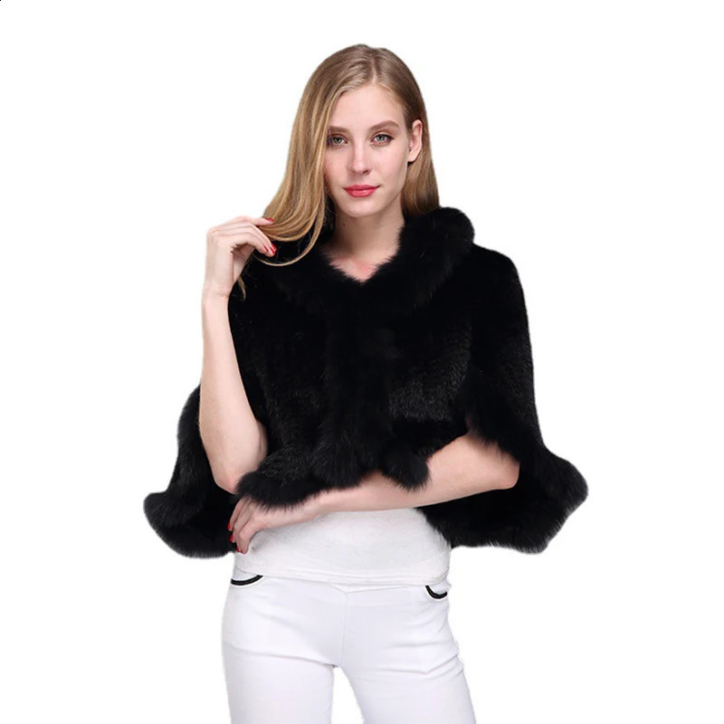 Women Natural Mink Fur Shawl Jacket Lady Knitted Mink Fur Scarf Shawl Lady Real Mink Fur And Fox Fur Collar Poncho Shawl Coat 240909