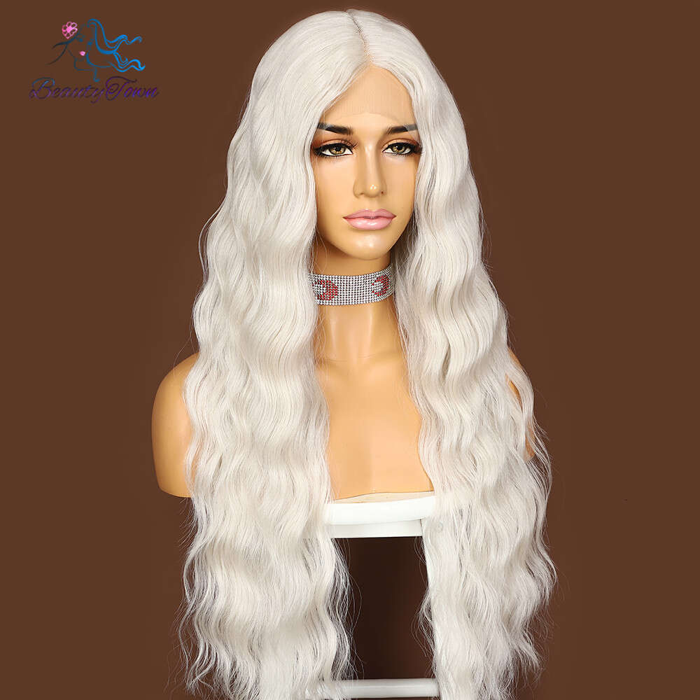 Synthetic Long Water Wave Ash White For Women Daily Makeup Girls Cosplay Party Wedding Deep T Middle Part Lace Wig