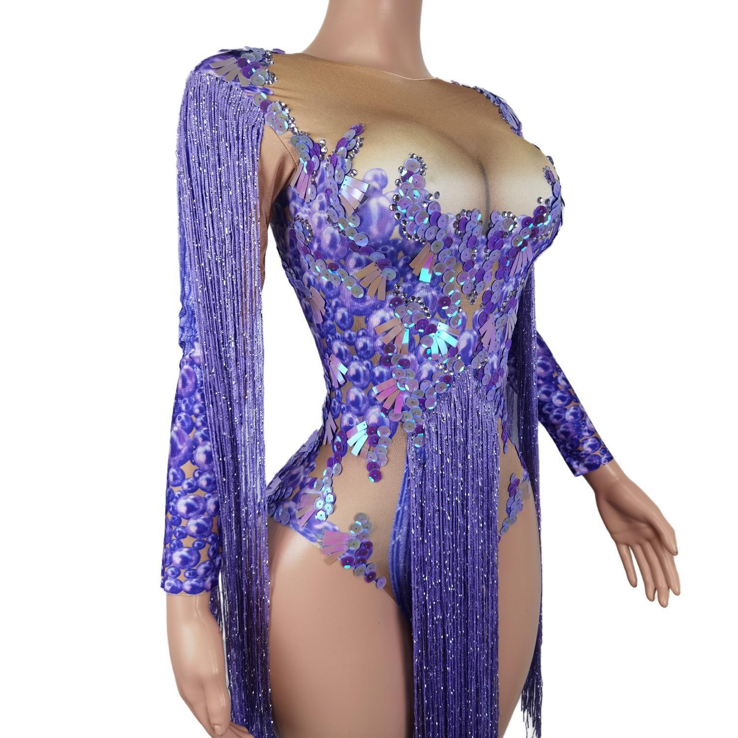 Queen's Style Purple Glitter Jumpsuits Sparkle Tassel Bodycon Rompers Ladies Party Nightclub Show Short Shiny Fringes Bodysuits