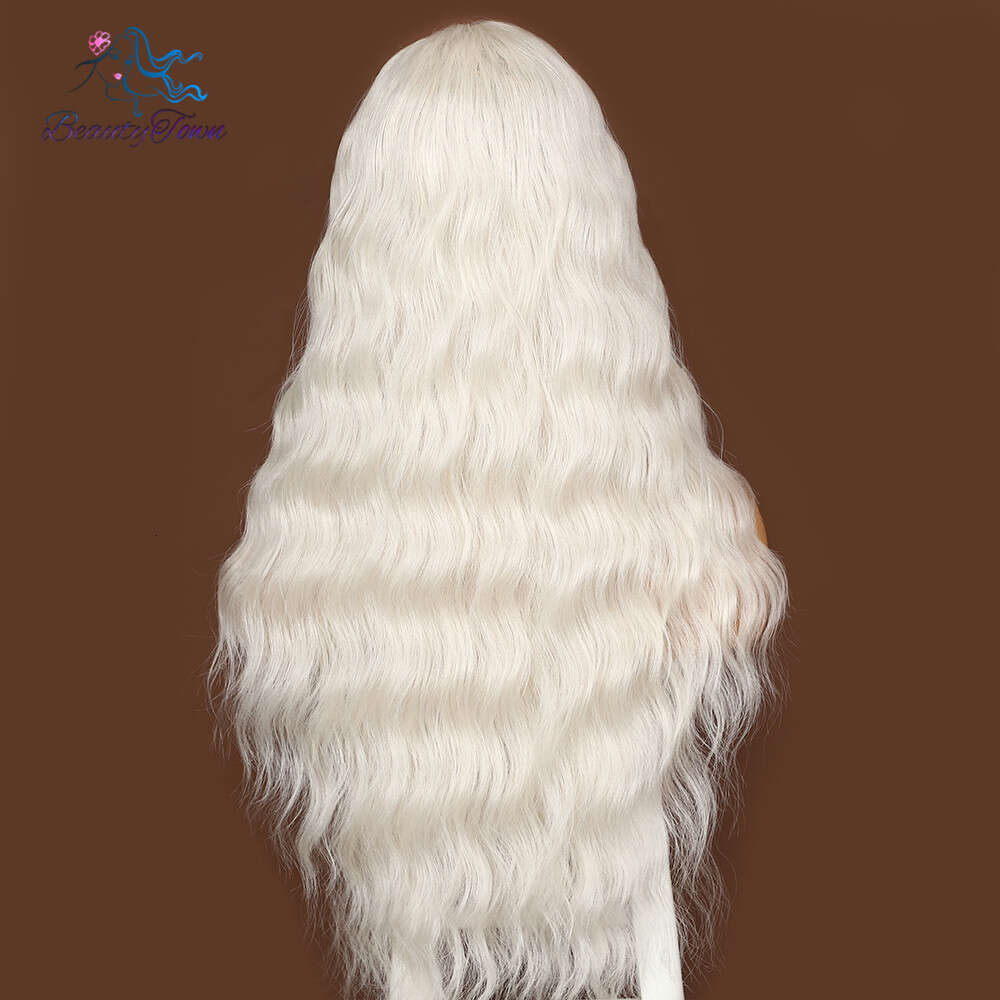 Synthetic Long Water Wave Ash White For Women Daily Makeup Girls Cosplay Party Wedding Deep T Middle Part Lace Wig