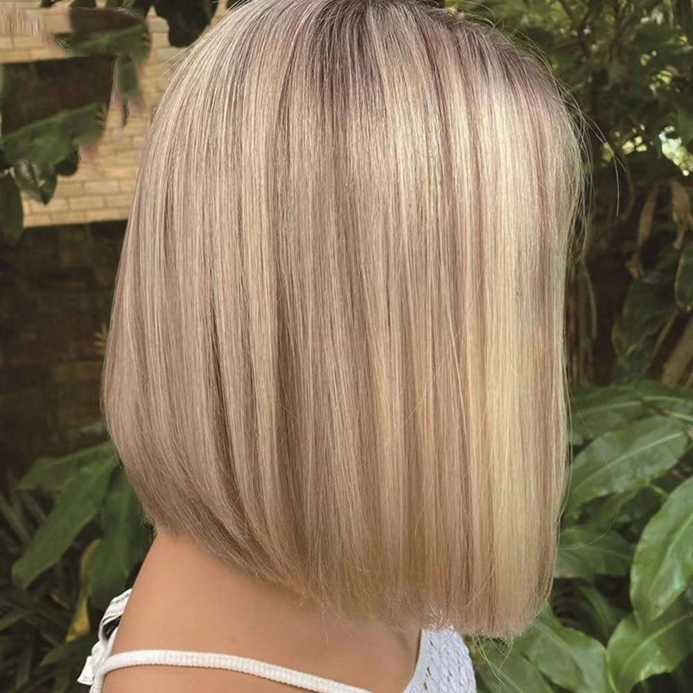 Ash Short Bob Synthetic Lace Front Wigs Highlight Straight Colored Heat Resistant Dark Roots Blonde Wig For Women