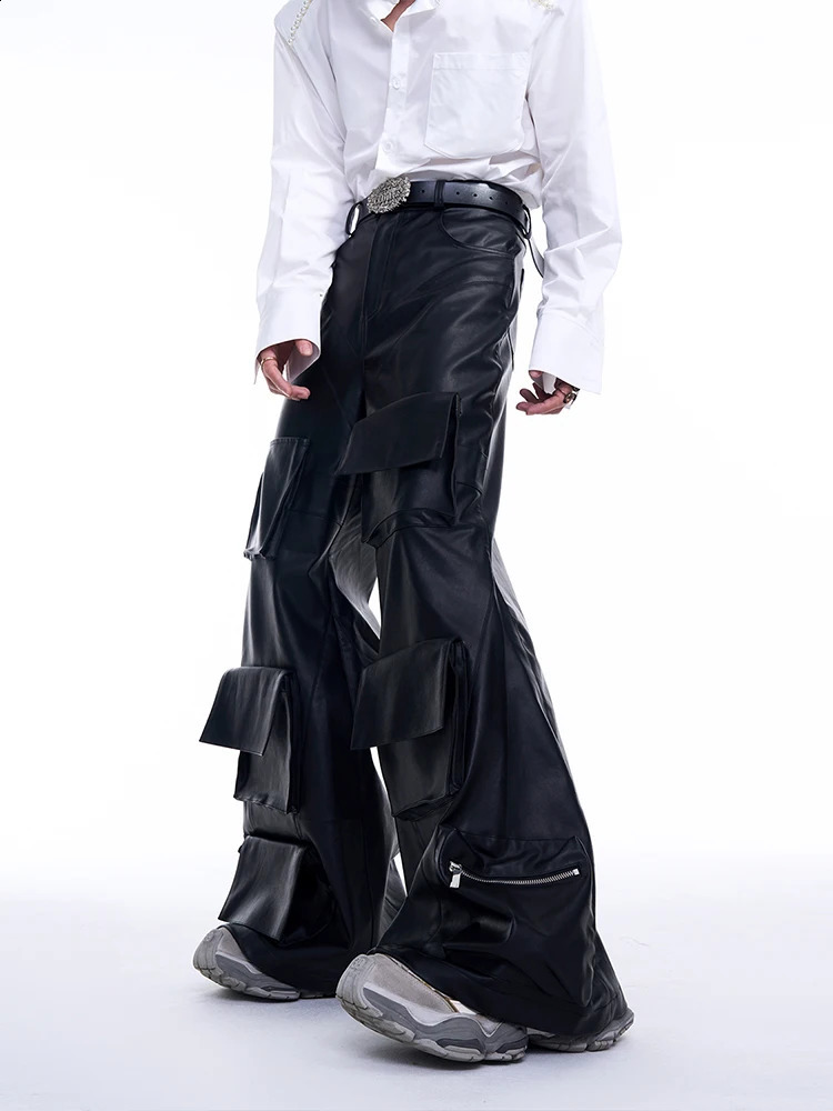 Multi pocket leather wrapped pants mens autumn freight pants 3D pocket leather pants mens wide leg mens pants 240913