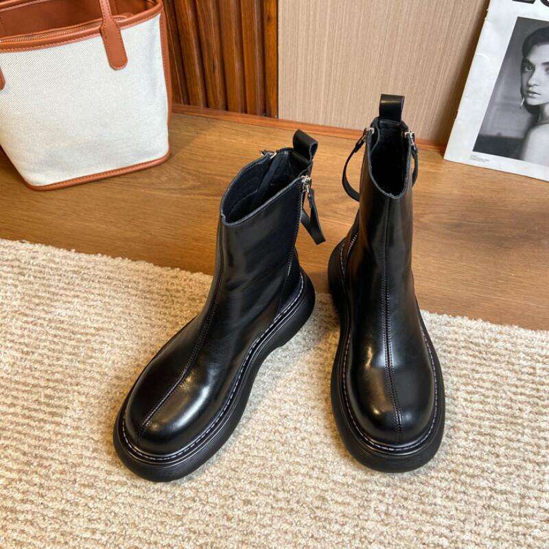 CICIYANG Women Winter British Style Short 2024 Chunky Genuine Leather Marton Autumn Ladies Ankle Boots Black