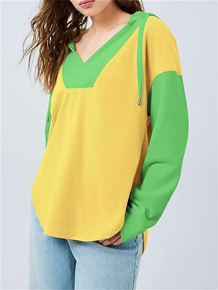 Short sleeved women's color blocked hooded casual V-neck loose sports shirt pullover top