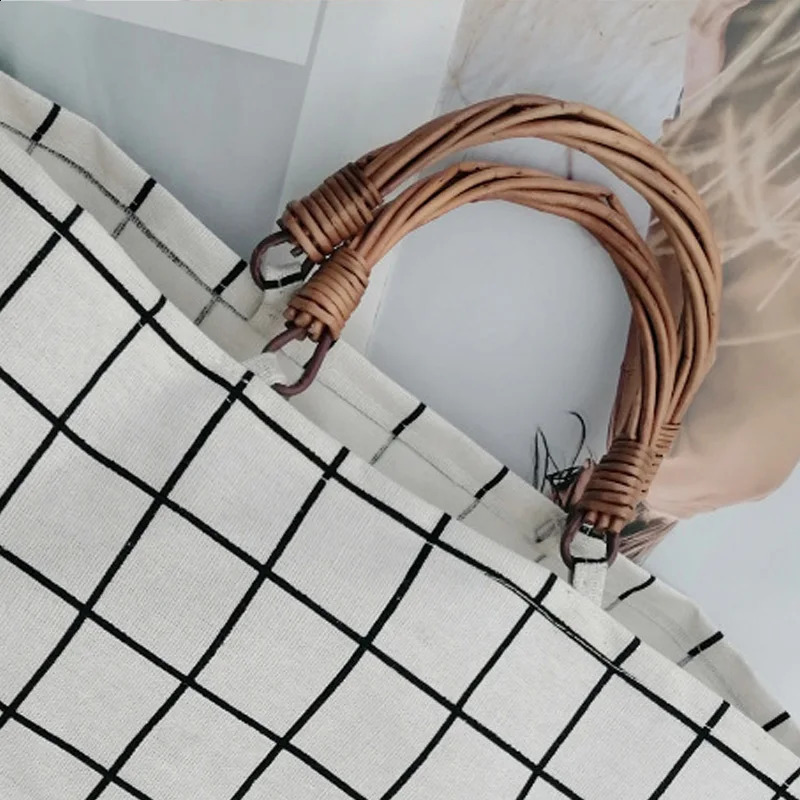 Rattan womens handbag striped plain canvas patchwork straw bag large tote shopping Bohemian summer beach 240913