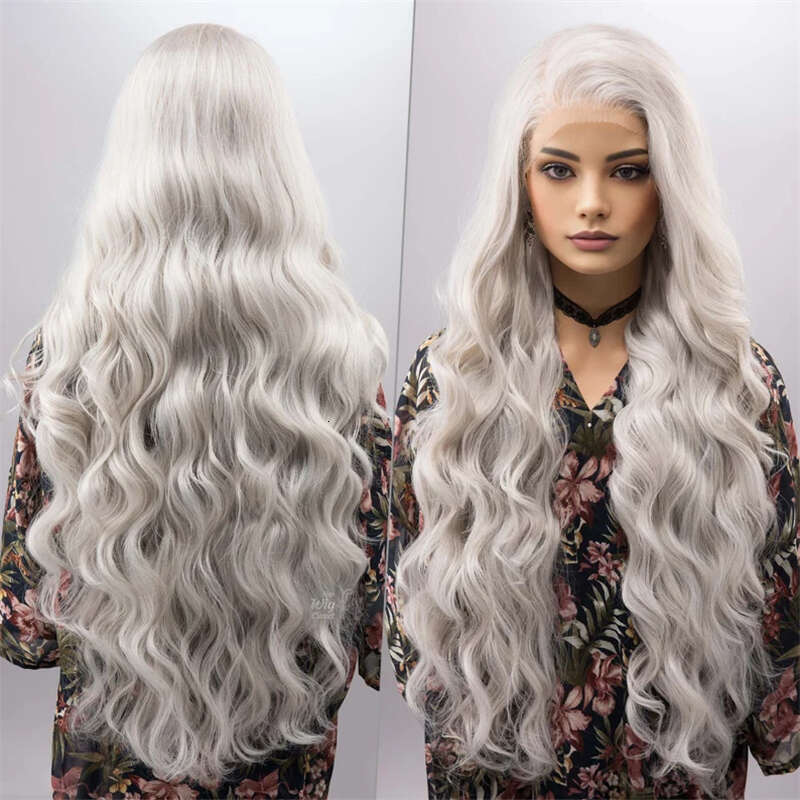 Platinum Grey Heat Resistant Fiber Side Part Body Wave Sier Hair 13X4 Synthetic Lace Front Wigs For Women