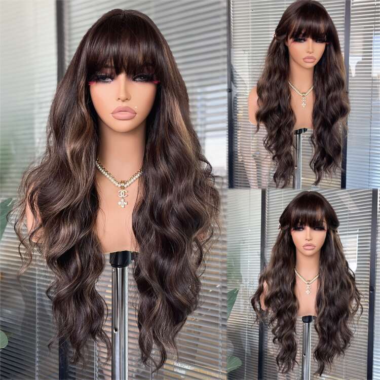 613 Synthetic None Lace Wave With Bangs For Women Blonde Color Full Hine Made Daily Use Cosplay Wig