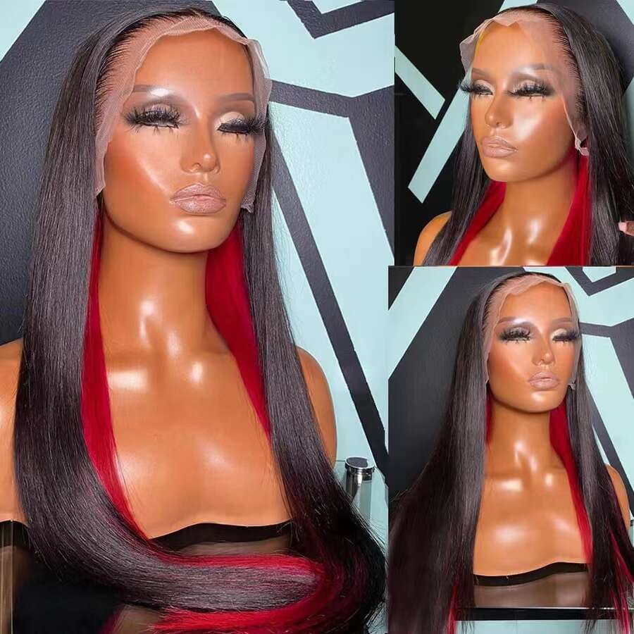AIMEYA Black Long Wave With Red Highlights Synthetic Lace Front For Women Daily Use Cosplay Wig Heat Resistant Hair