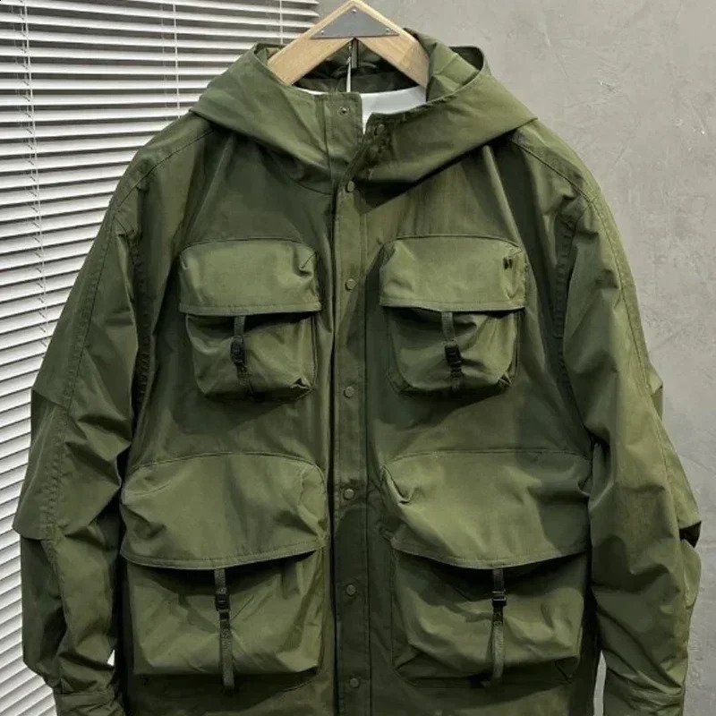 Spring Autumn Cargo Zipper Jacket Trend Hooded Workwear Jacket Mens American Retro Outdoor Coat Mountaineering Wear 240905