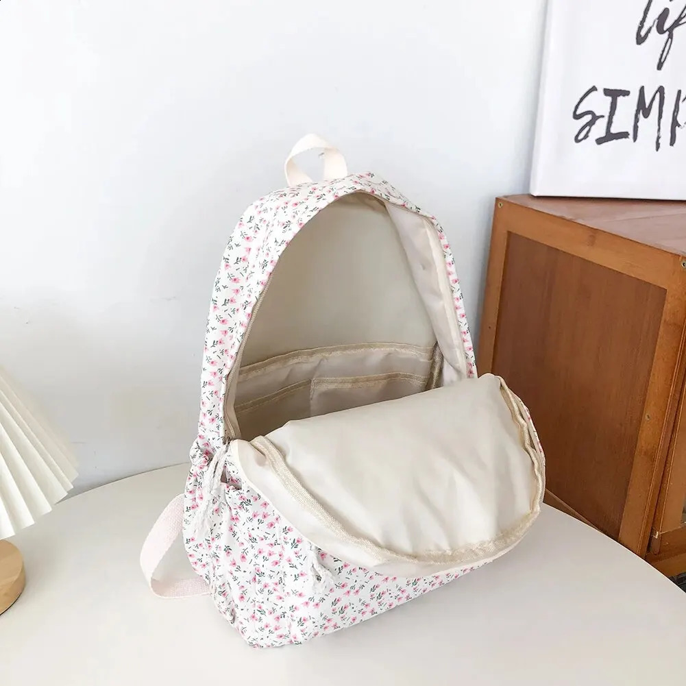 Korean Student School Backpack Floral White Bags For Teenage Girls Cute Womens Book Bag Nylon Rucksack 240914