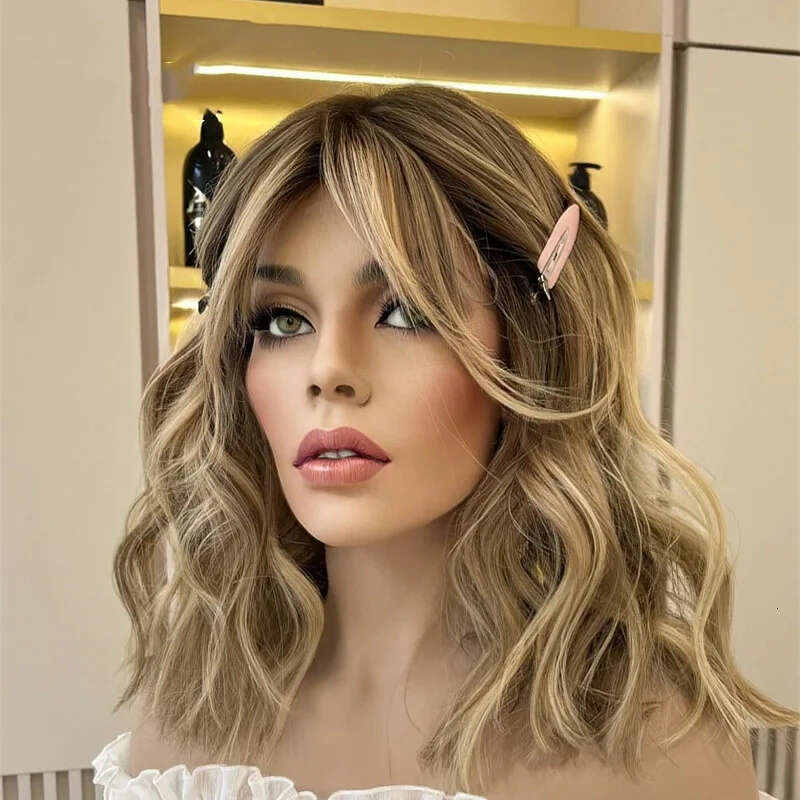 Ombre Ash Blonde Bob Lace Short Straight Middle Part Front Wig Heat Resistant Synthetic Hair Daily