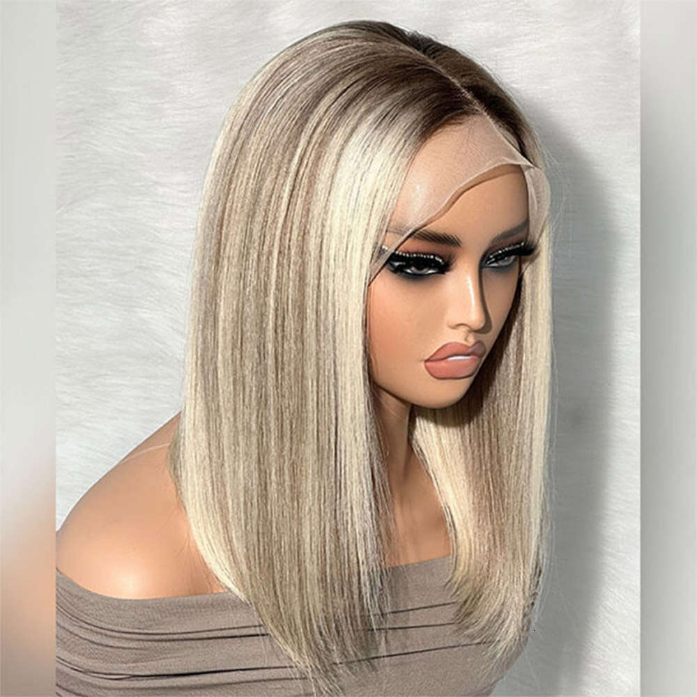 Highlight Blonde Synthetic 12 Inch Ombre Short Lace Front Bob Wigs Straight Dark Roots Glueless Wig For Women Daily Party