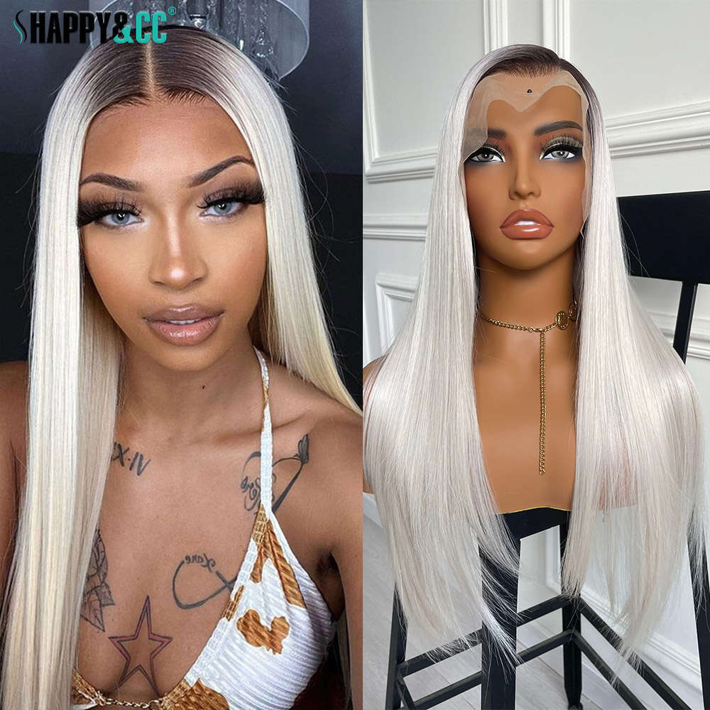 Ombre Ash Synthetic Front Wigs Silky Straight Colored Cosplay For Women Dark Roots Sier White Lace Wig