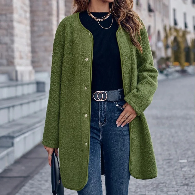 Autumn and Winter Womens Solid Color Round Neck Long Sleeve Single Breasted Mid Length Coat Fashion Casual Formal Tops 240911