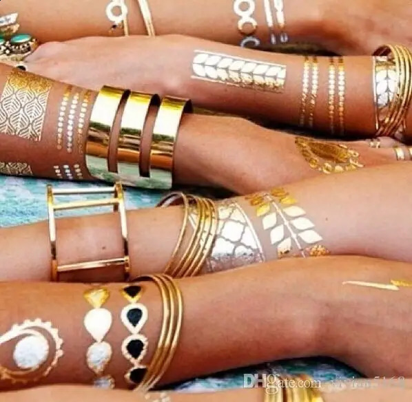 10 fashionable gold silver metal glitter tattoos metal tattoo stickers temporary body art womens beach waterproof size 15X21c 240913