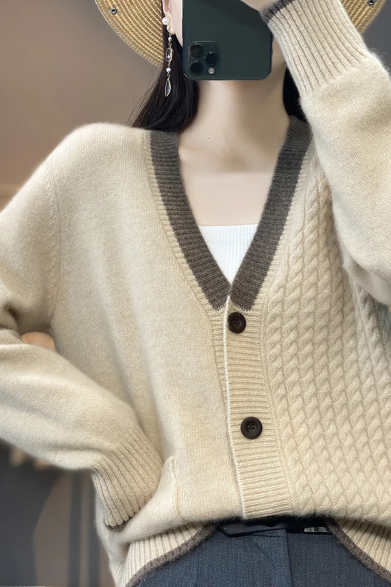 Spring womens sweater fashionable casual jacket cardigan long sleeved Vneck 100% wool knitted top plus size 240912