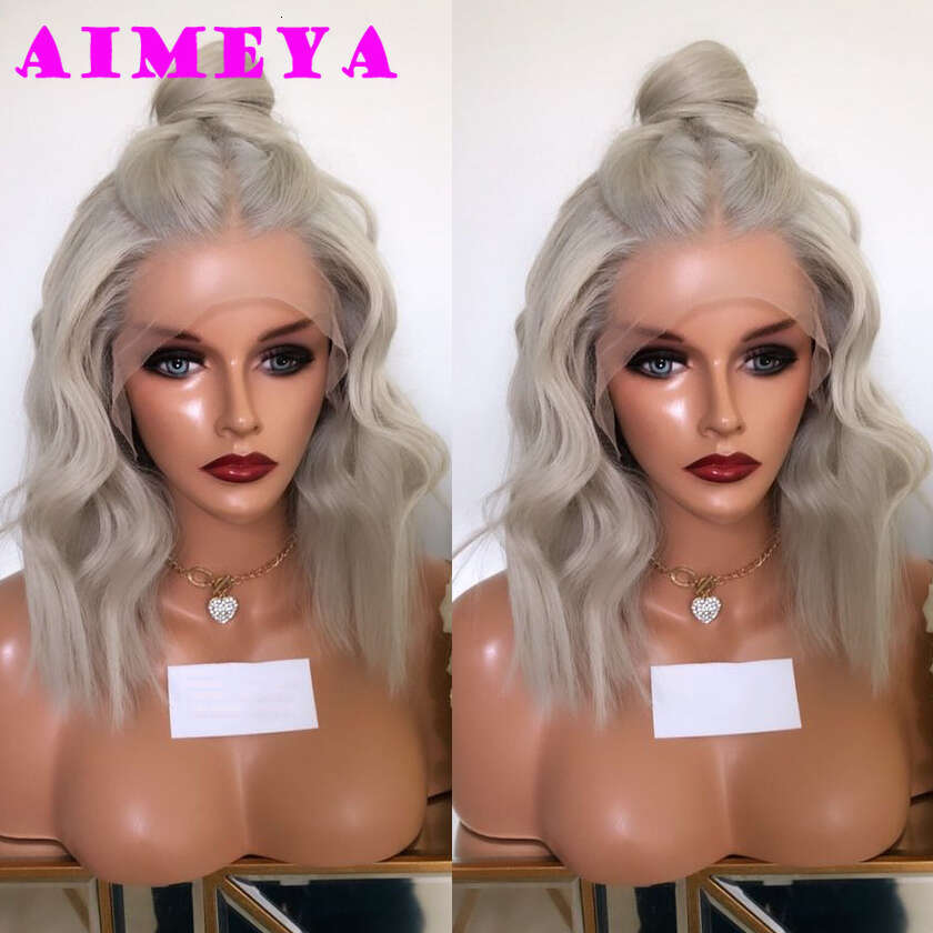 AIMEYA Grayish Blonde Bob Heat Resistant Fiber Body Wave Synthetic Lace Front Side Part Short Wigs Cosplay Wig