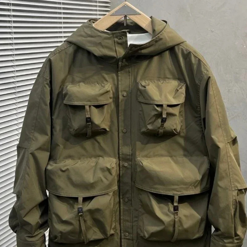 Spring Autumn Cargo Zipper Jacket Trend Hooded Workwear Jacket Mens American Retro Outdoor Coat Mountaineering Wear 240905