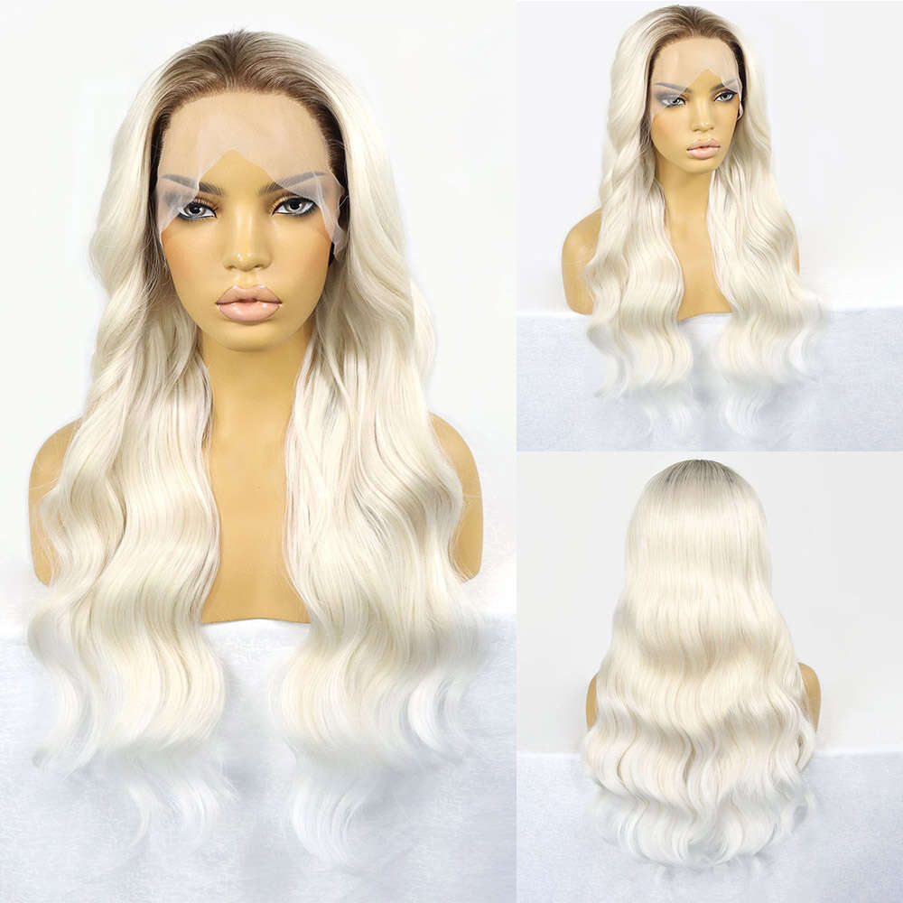 Wavy Ombre Blonde Front Wigs For Women Dark Roots Platinum 613 Colored Transparent Lace Frontal Synthetic Wig 26Inch