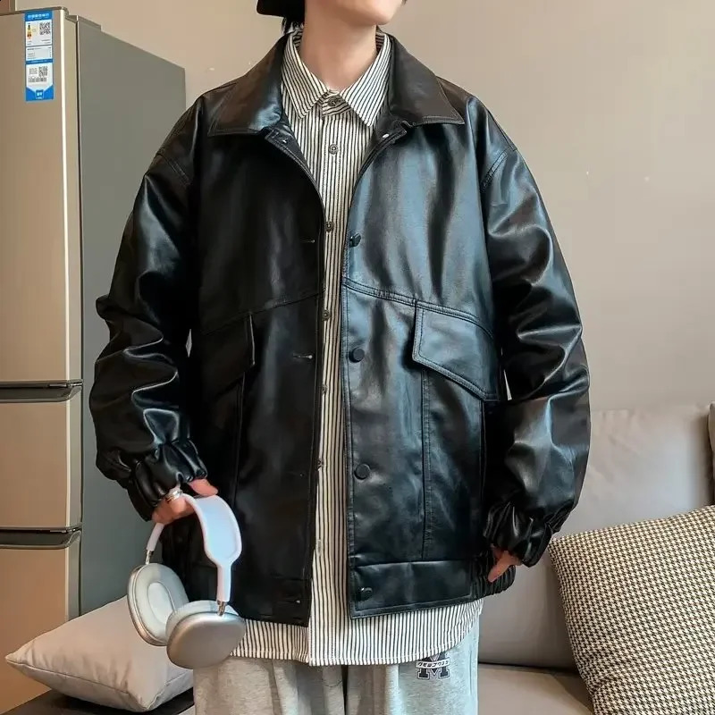 Trendy Korean Style Spring Autumn Flying Aviation Pilot Jacket Loosefit Mens Leather Biker Versatile Pu Coat 240905