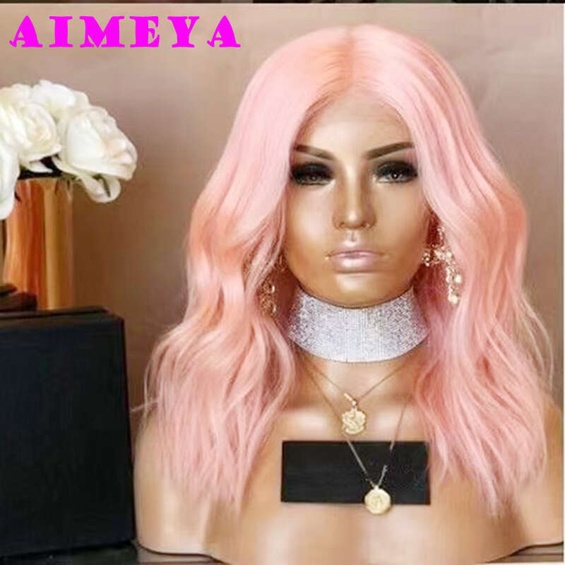 AIMEYA Grayish Blonde Bob Heat Resistant Fiber Body Wave Synthetic Lace Front Side Part Short Wigs Cosplay Wig