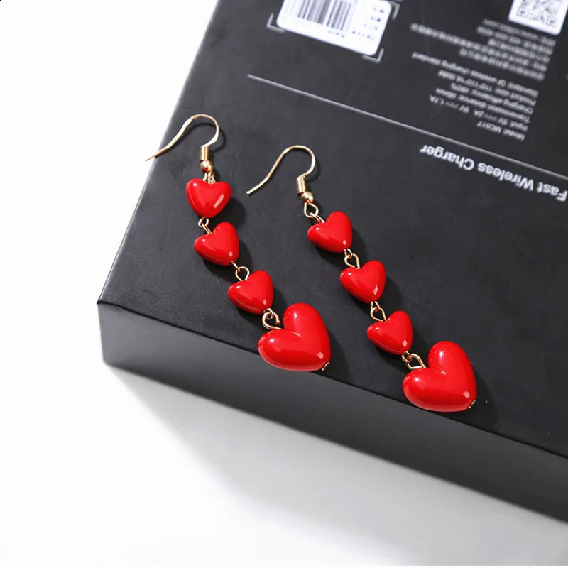 Korean Style Lovely Heart Pendant Long Tassel Earrings Red Peach Drop Ear For Women Girls Gift Wholesale 240906