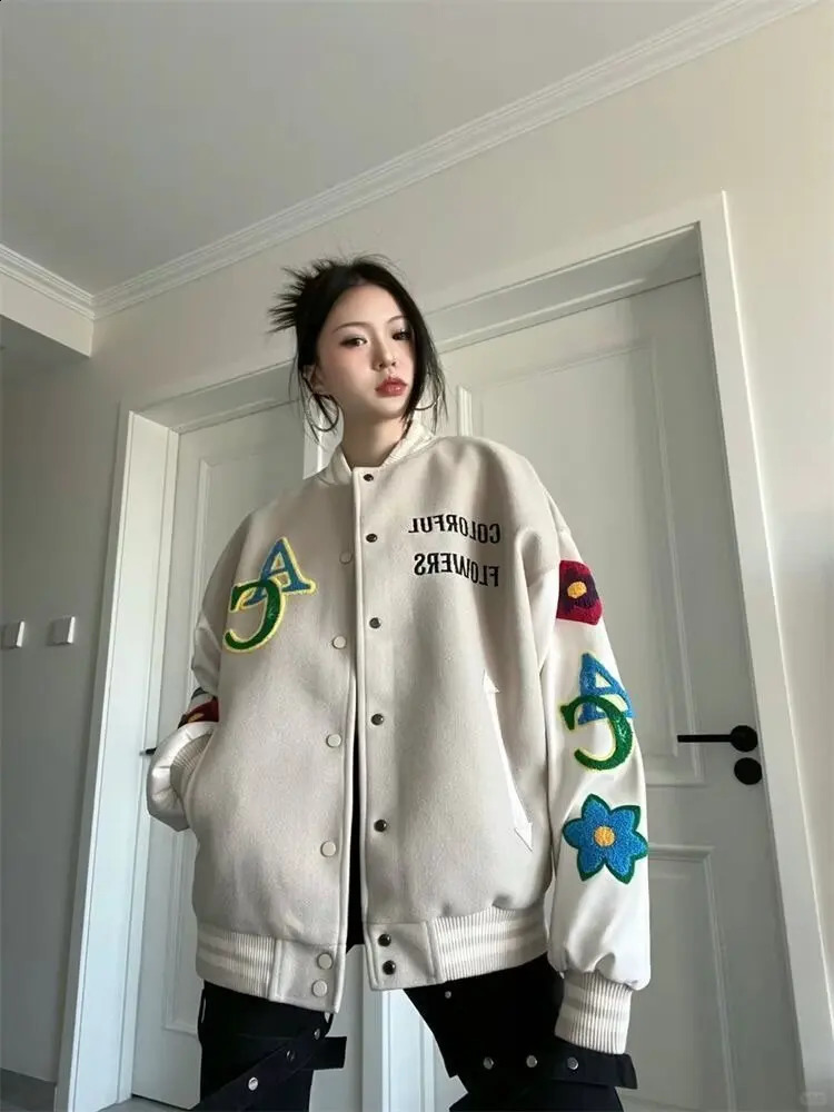 Retro American Embroidered Baseball Uniform Ins Autumn And Winter Korean Version Of Loose Womens Jackets Sweet Coat Women 240907