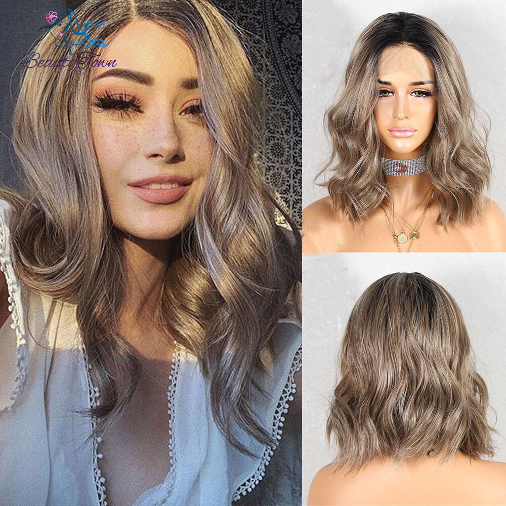 Blonde Colored 13X3 Synthetic Front Sier Grey Ash Brown Short Bob Body Wave HD Transparent Lace Cosplay Wig