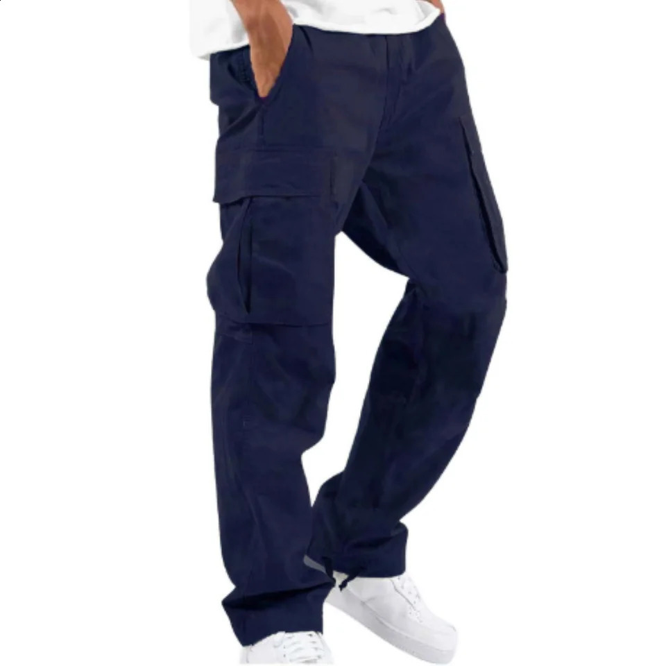 Spring and autumn mens fashion leisure cargo pants multi-pocket solid color polyester fiber pure cotton 9 minute pants 240911