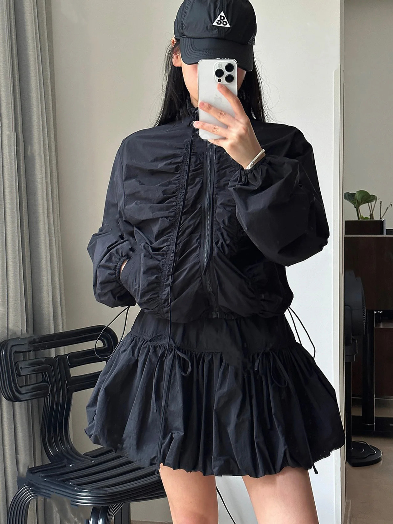 ENjoyce 2024 Spring Women Stand up Neck Pleated Jacket Korean Fashion Zipper Breathable Cropped Coat Y2K Streetwear 240911