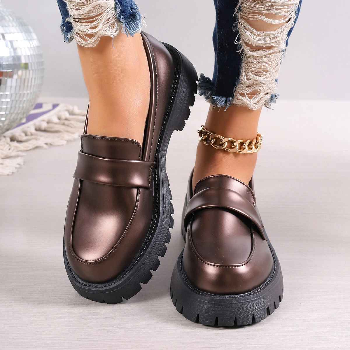 Womens platform retro shoes black Oxford shoes autumn retro bronze PU leather Loafers womens fashionable thick soled shoes 240914