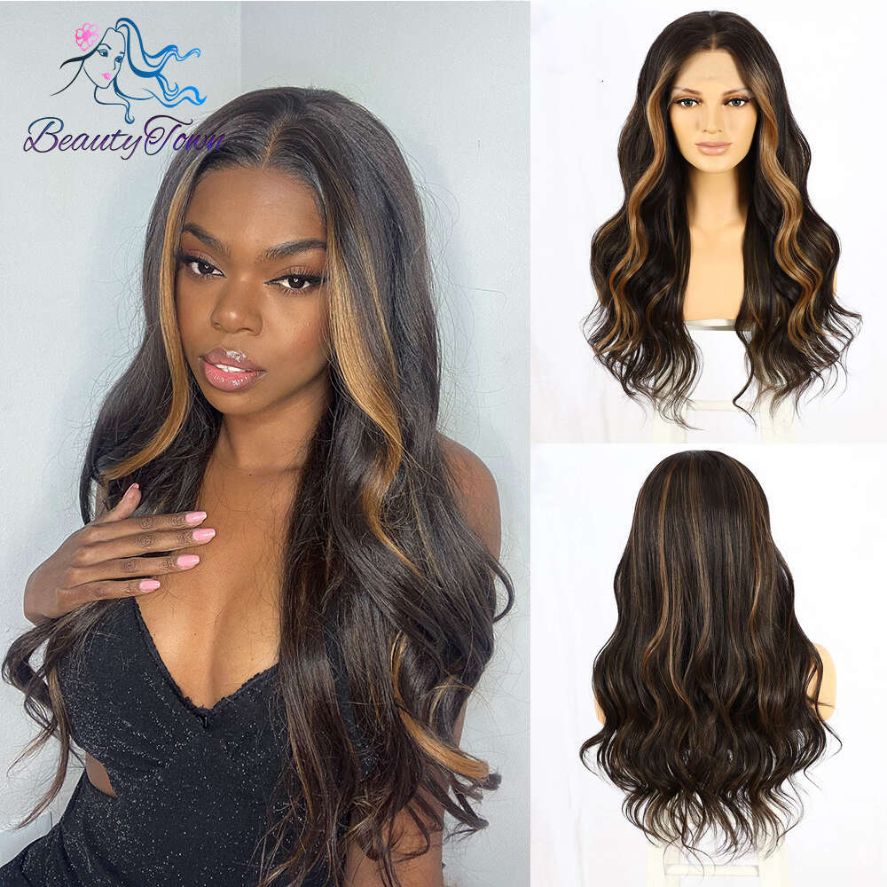 Brown Blonde Colored Synthetic Front Highlight Ginger Orange HD Transparent Lace Frontal Body Wave Full Cosplay Wig